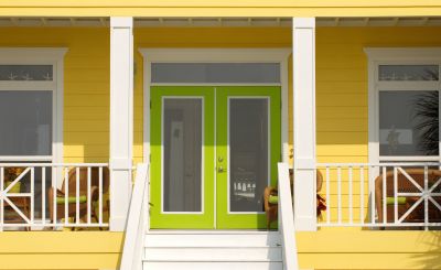 Colorful front door and porch